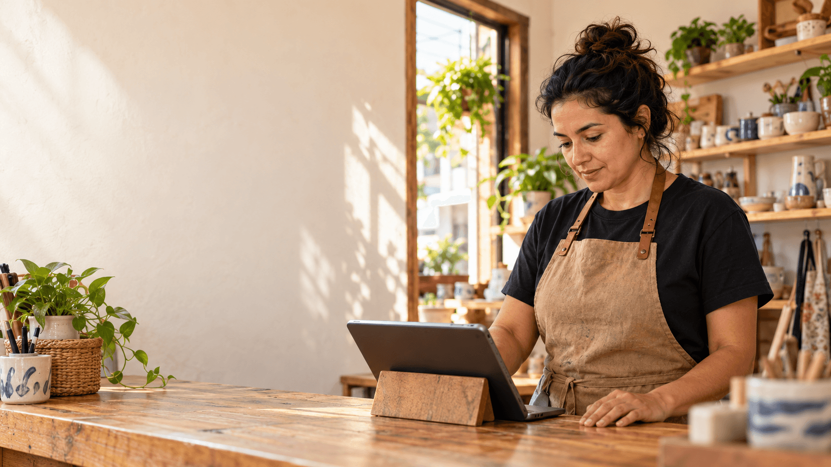Dueña de un pequeño negocio trabajando con su tablet en un mostrador de madera