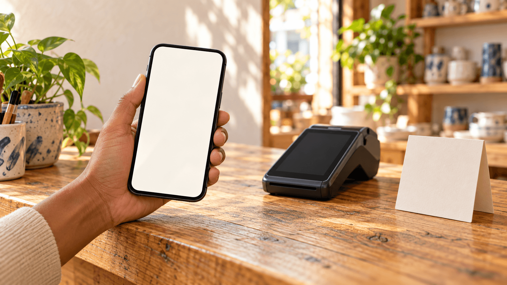 Cliente con un teléfono junto a un terminal de pagos